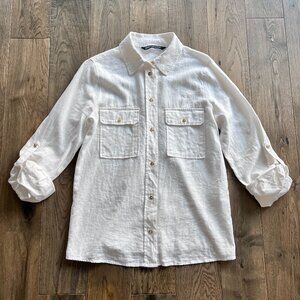 Zara Linen Blend White Button Up Shirt Size S Lightweight Classic Coastal Top